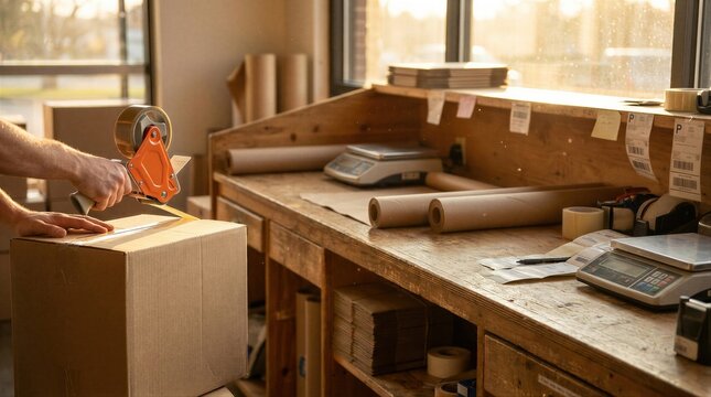 Man worker sealing cardboard box with tape dispenser at warehouse workspace. Logistics employee packing parcel for delivery shipping. Small business fulfillment and supply chain operation.