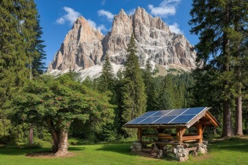 A scenic mountain landscape featuring a wooden shelter with solar panels amid lush greenery and tall pine trees under a bright blue sky.