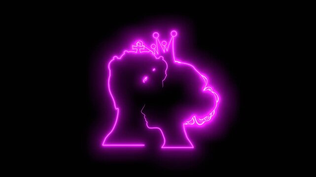 Queen and king. Happy valentines day and wedding design concept. Side view. Silhouettes of two heads. Neon glowing. Bonding relationship concept.