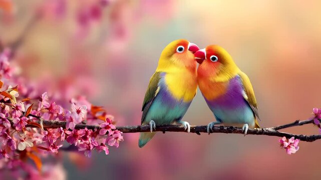 Romantic love theme for Valentines Day. Two vibrant lovebirds perched on a branch surrounded by delicate pink blossoms. The birds are brightly colored with yellow, blue, and red hues.