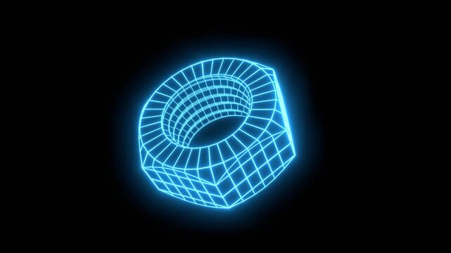 3D nut model. Isometric thin line style. Technology concept. Neon glowing. Wireframe blueprint