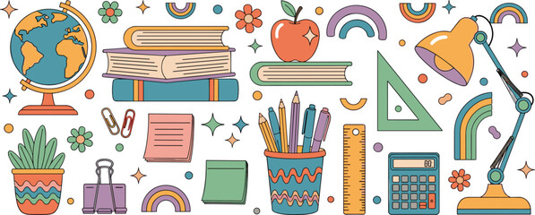 Cute colorful school classroom supplies collection with globe books pencils calculator lamp ruler and stationery doodle vector illustration © Lunavera art