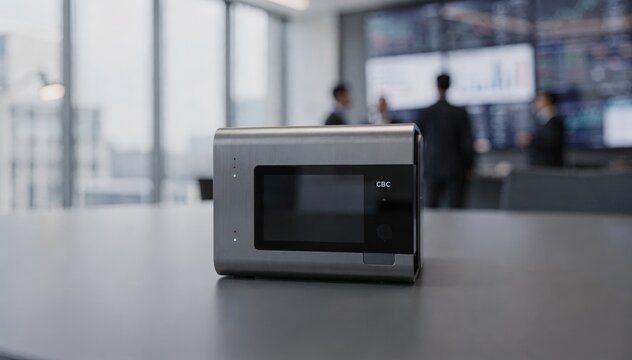 Focused medium shot on a digital wallet terminal designed for wholesale CBDC settlements with a modern financial setting softly out of focus around.