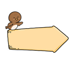 Wooden arrow sign with cute bird cartoon isolated on white background