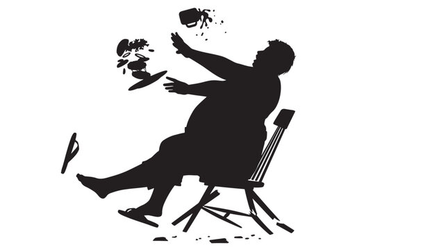 Silhouette of a person falling backward from a chair with food and a cup spilling in mid air featuring mishap, accident, surprise with movement and