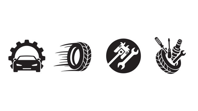 Car icons set with gear, tire, wrench, caliper, and tools for auto repair and service featuring automobile, vehicle, icon with symbol and logo