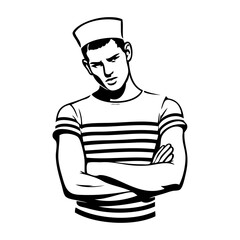 Dibujo con líneas de un hombre, con sombrero de marinero y camiseta de manga corta con rayas, de pie con los brazos cruzados  © teracreonte