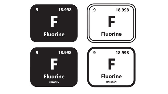 Fluorine element icons set with atomic number 9 and atomic mass 18.998 in black and white styles featuring periodic table, chemistry, science with