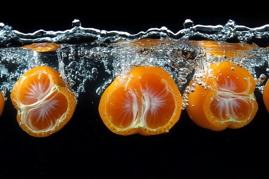 A sharp close-up of kumquat halves slashing through water with dynamic energy 