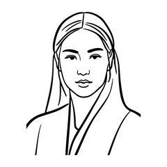Dibujo minimalista con líneas de la cabeza de una mujer japonesa vestida con un kimono, vista de frente  © teracreonte