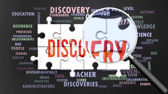 Discovery under magnifying glass, being researched, studied and examined. Most important subjects and ideas closely related to discovery written around a puzzle.Can be looped.