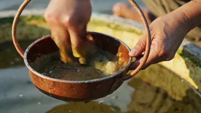 A close-up of a hand cleaning a bowl in water, showcasing the interaction with texture and light
