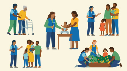 Fototapeta premium Community support and care services illustration with people of different ages and backgrounds