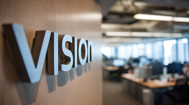 Abstract close-up of a dimensional sign with the word "VISION" in an office setting, symbolizing future focus and strategic goals