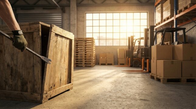Warehouse worker using crowbar to open wooden crate. Loader preparing delivery cargo in storage facility. Industrial logistics, shipping, distribution and transportation industry concept.