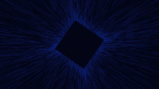 Abstract blue light streaks zooming into dark square center, sci fi motion