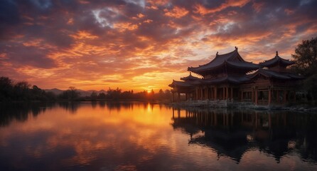 Obraz premium serene chinese pavilion at sunset with vibrant sky reflection on water.