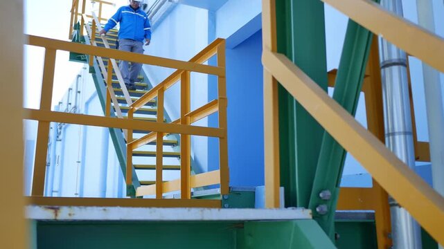 Industrial engineer walking along a steel structure staircase inside a large factory facility, representing technical supervision, industrial safety awareness, and engineering responsibility in modern