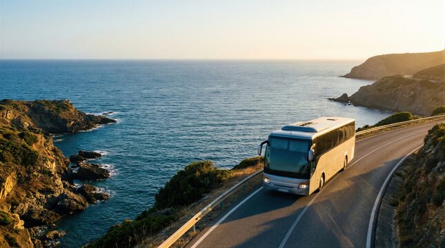 Modern tourist bus driving along a coastal road near the blue sea. Passenger transportation service during summer travel. Scenic trip concept on a mountain highway at sunset time.