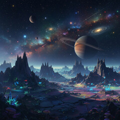 Fototapeta premium Colorful fantasy sci-fi digital art depicting alien planet surface with Saturn-like ringed planet, twin spiral galaxies, bioluminescent crystals, mushrooms, and jagged alien rock formations.
