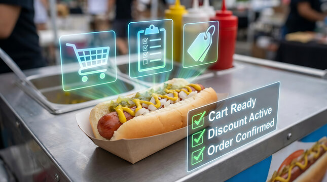 Hot dog with holographic icons on a stainless steel counter in a fast food restaurant with digital shopping cart menu and discount labels