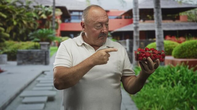 Senior man pointing finger at strawberries held in one hand beside a tropical resort building walkway with palms and bushes; curiosity healthy snack.