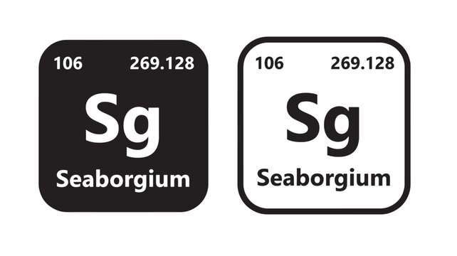 Seaborgium element icons with atomic number 106 and atomic mass 269.128 presented in black and white.
