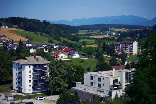Panoramic view of the town of Sentjur in Slovenia with еру mountains in the background