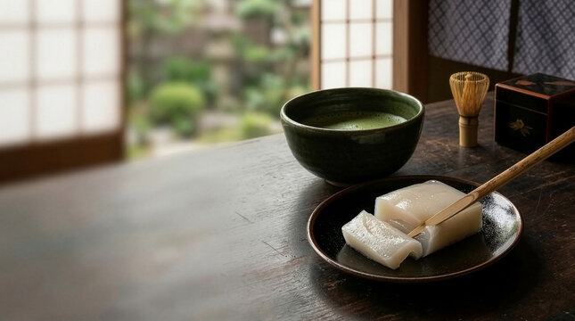 Nama Uirou - Japanese Raw Sweet (Raw Uirou) cut by pick with Green Matcha in traditional room - High resolution stock photo with copy space