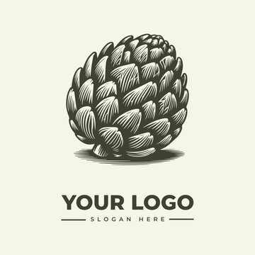 A vintage-style woodcut illustration of a pinecone with a logo and slogan text placeholder in a simple, iconic design.