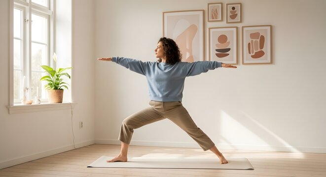 Woman Practicing Yoga at Home, Warrior Two Pose