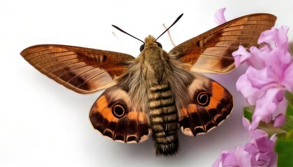 Spectacular Io Moth Resting Near Delicate Pink Flowers.