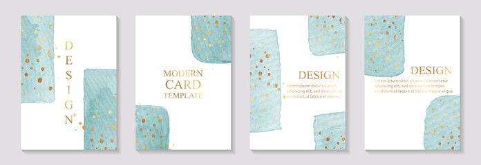 Modern abstract design with teal blue watercolor stains and golden splashes.Wedding invitations, greeting and business cards, rsvp templates. © Anna R