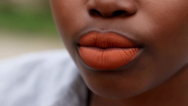 Close-up of a woman's lips adorned with orange matte lipstick, featuring textured details and subtle skin tones