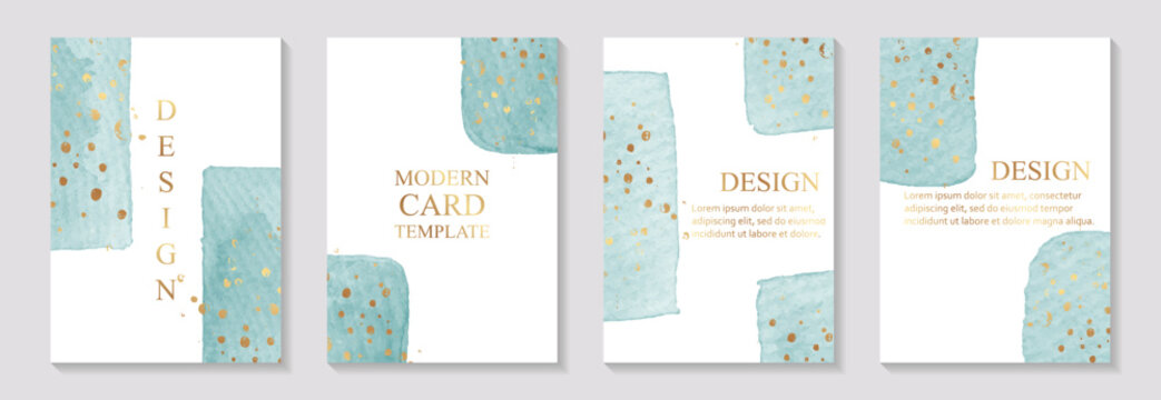 Modern abstract design with teal blue watercolor stains and golden splashes.Wedding invitations, greeting and business cards, rsvp templates.