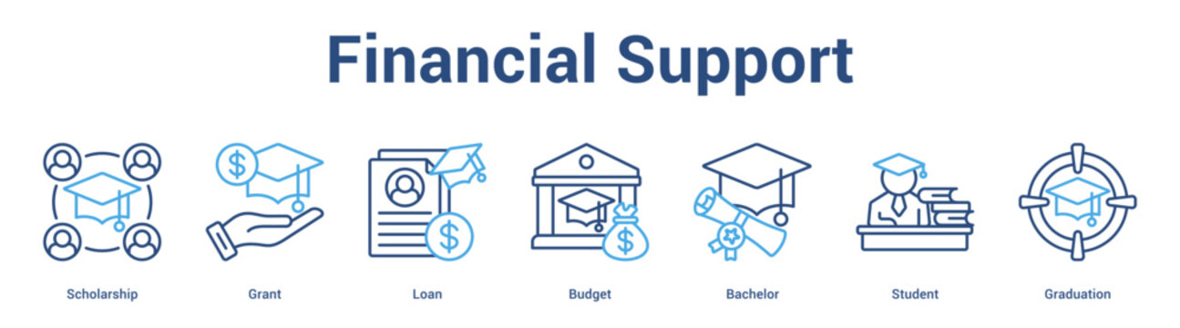 Financial Support web banner icon set vector illustration concept for business with icon of Scholarship, Grant, Loan, Budget, Bachel.