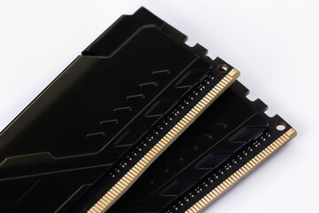 Computer memory RAM close up, macro on a white background. System, main memory, random access memory, computer detail. Computer components