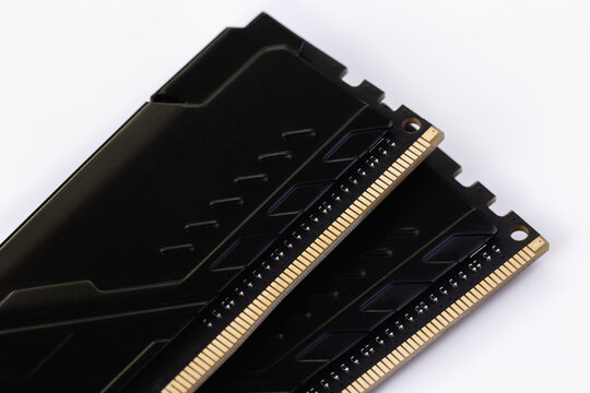 Computer memory RAM close up, macro on a white background. System, main memory, random access memory, computer detail. Computer components