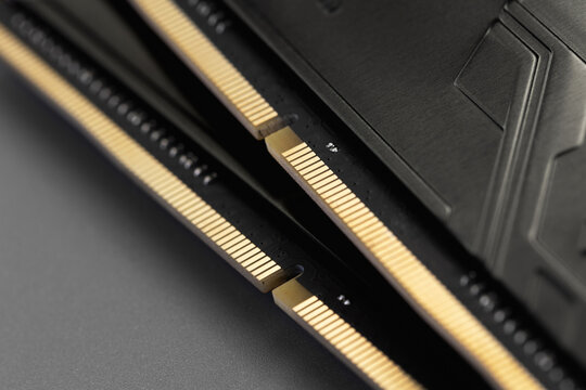 Computer memory RAM close up, macro. System, main memory, random access memory, computer detail. Computer components
