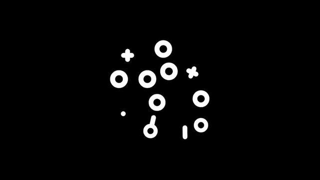 Abstract white shapes and symbols scattered on a black background, minimalist design