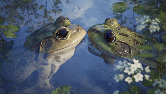 Two Frogs Face to Face in a Pond Surrounded by Greenery.