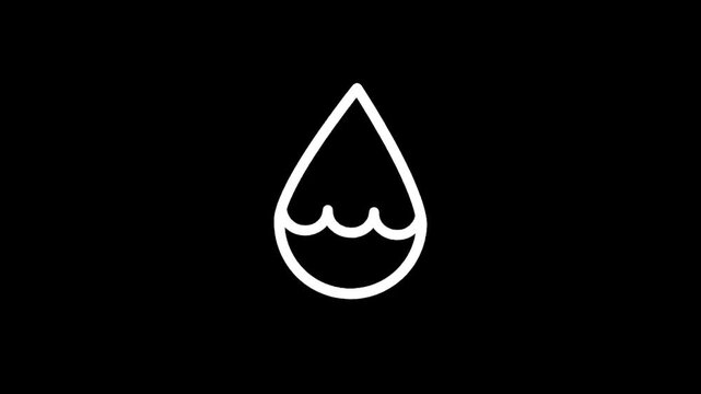 Minimalist white water drop icon with wavy liquid inside on black background