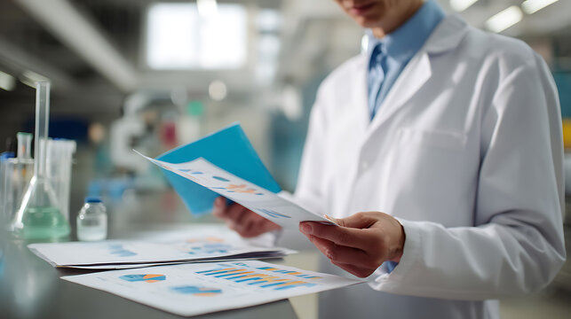 Scientist in Lab Coat Reviewing Data Charts and Documents in a Modern Research Facility, Analyzing Results and Making Breakthroughs