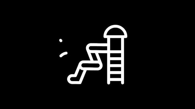 Simple line art icon of a playground slide with ladder and platform on a black background