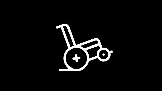 Simple white line icon of a wheelchair with a plus sign on a black background