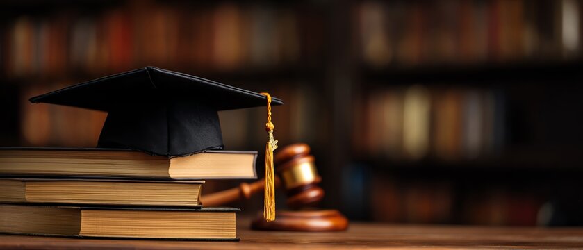 Graduation cap on books in a library setting.