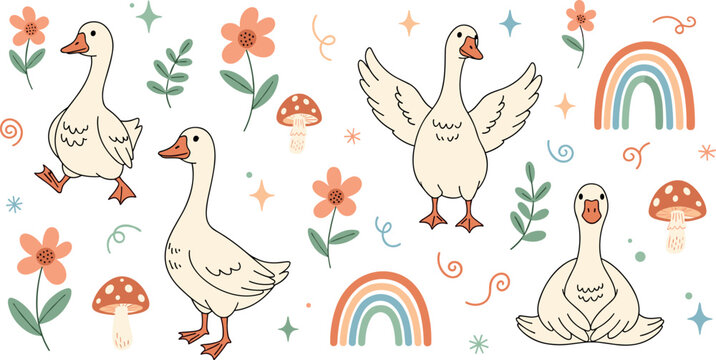 Cute goose cartoon character set with flowers mushrooms rainbow leaves nursery kawaii pastel vector illustration collection