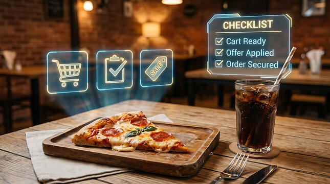 Delicious pizza slice on wooden tray with glass of soda and digital shopping checklist icons on restaurant table
