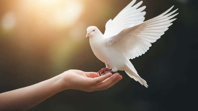 A white dove perches peacefully on an outstretched hand in a symbolic gesture of International Day of Peace video