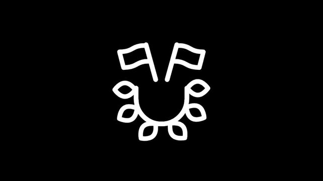 Simple line art icon of two flags and a laurel wreath on a black background